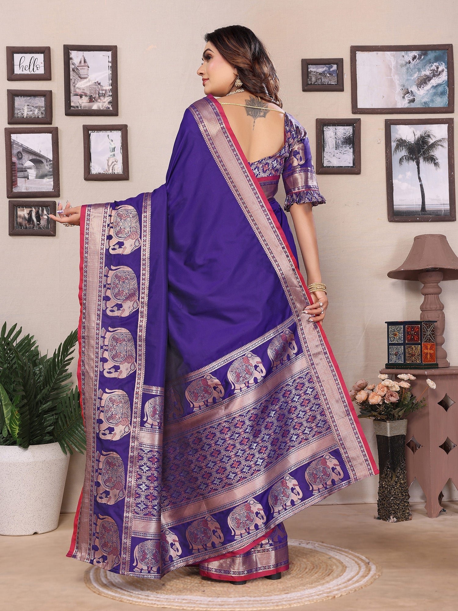 Elora Royal Blue Soft Silk Solid Self Jacquard Weaving Banarasi Saree | Grocsy