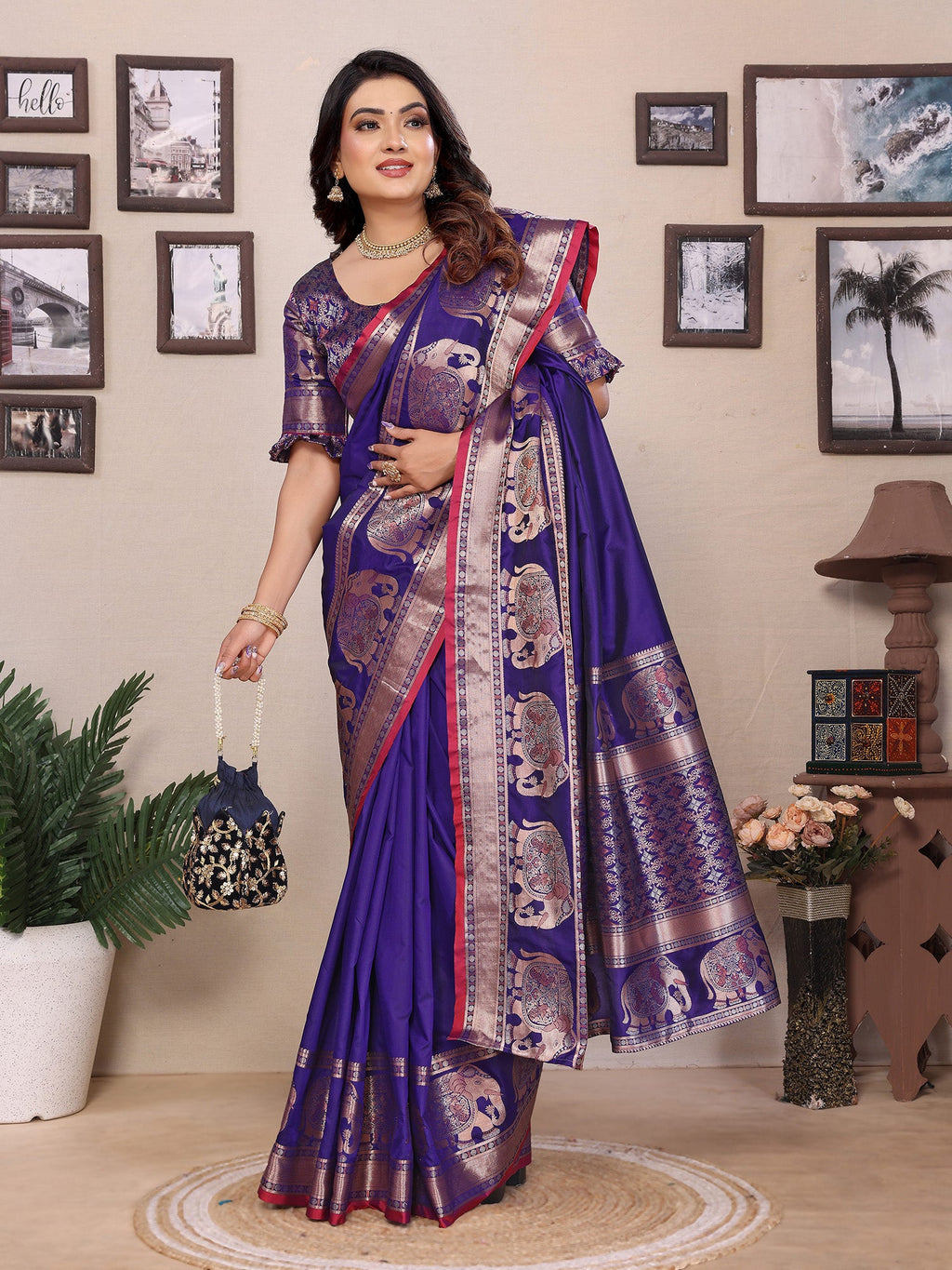 Elora Royal Blue Soft Silk Solid Self Jacquard Weaving Banarasi Saree | Grocsy
