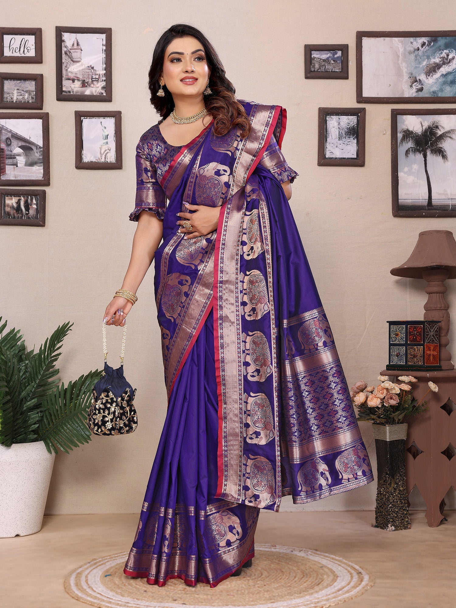 Elora Royal Blue Soft Silk Solid Self Jacquard Weaving Banarasi Saree | Grocsy