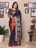 Elora Dark Blue Soft Silk Solid Self Jacquard Weaving Banarasi Saree | Grocsy