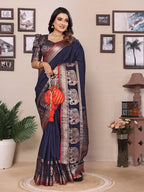 Elora Dark Blue Soft Silk Solid Self Jacquard Weaving Banarasi Saree | Grocsy