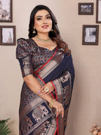 Elora Dark Blue Soft Silk Solid Self Jacquard Weaving Banarasi Saree | Grocsy