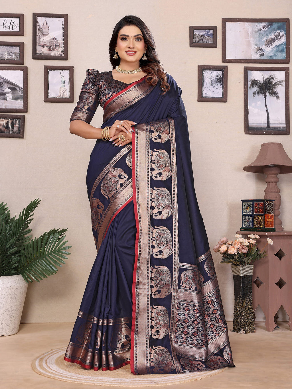 Elora Dark Blue Soft Silk Solid Self Jacquard Weaving Banarasi Saree | Grocsy