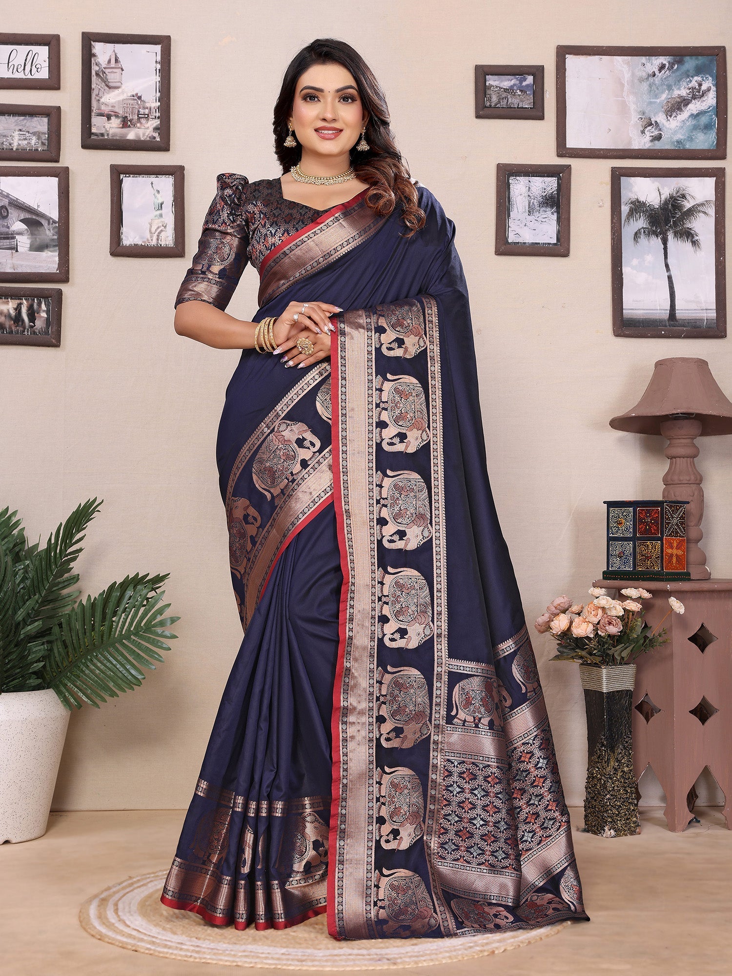 Elora Dark Blue Soft Silk Solid Self Jacquard Weaving Banarasi Saree | Grocsy