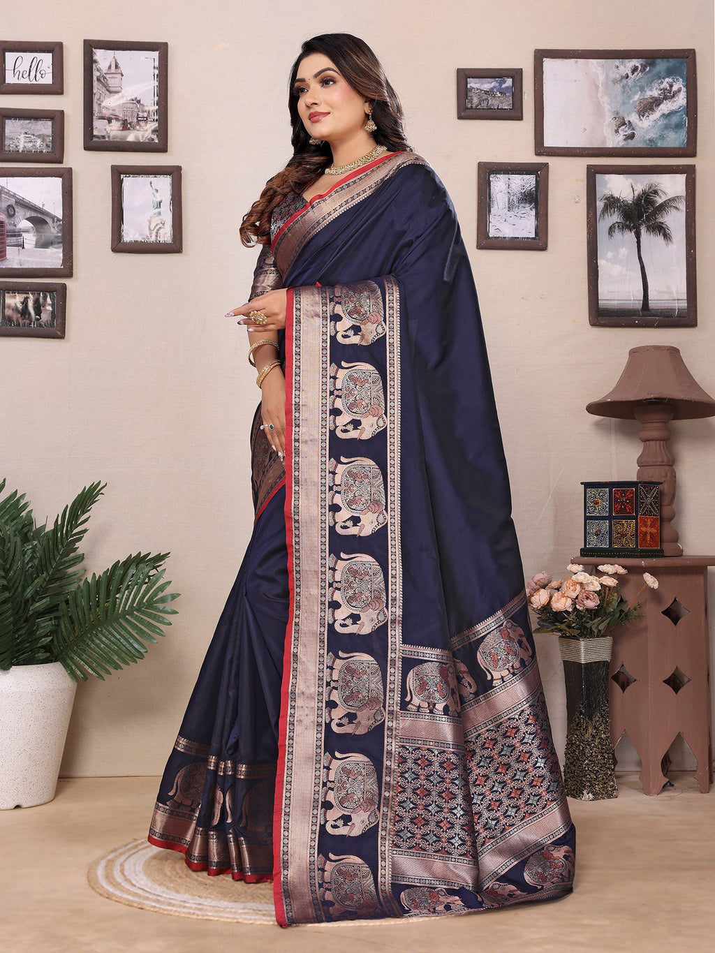 Elora Dark Blue Soft Silk Solid Self Jacquard Weaving Banarasi Saree | Grocsy