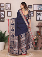 Elora Dark Blue Soft Silk Solid Self Jacquard Weaving Banarasi Saree | Grocsy