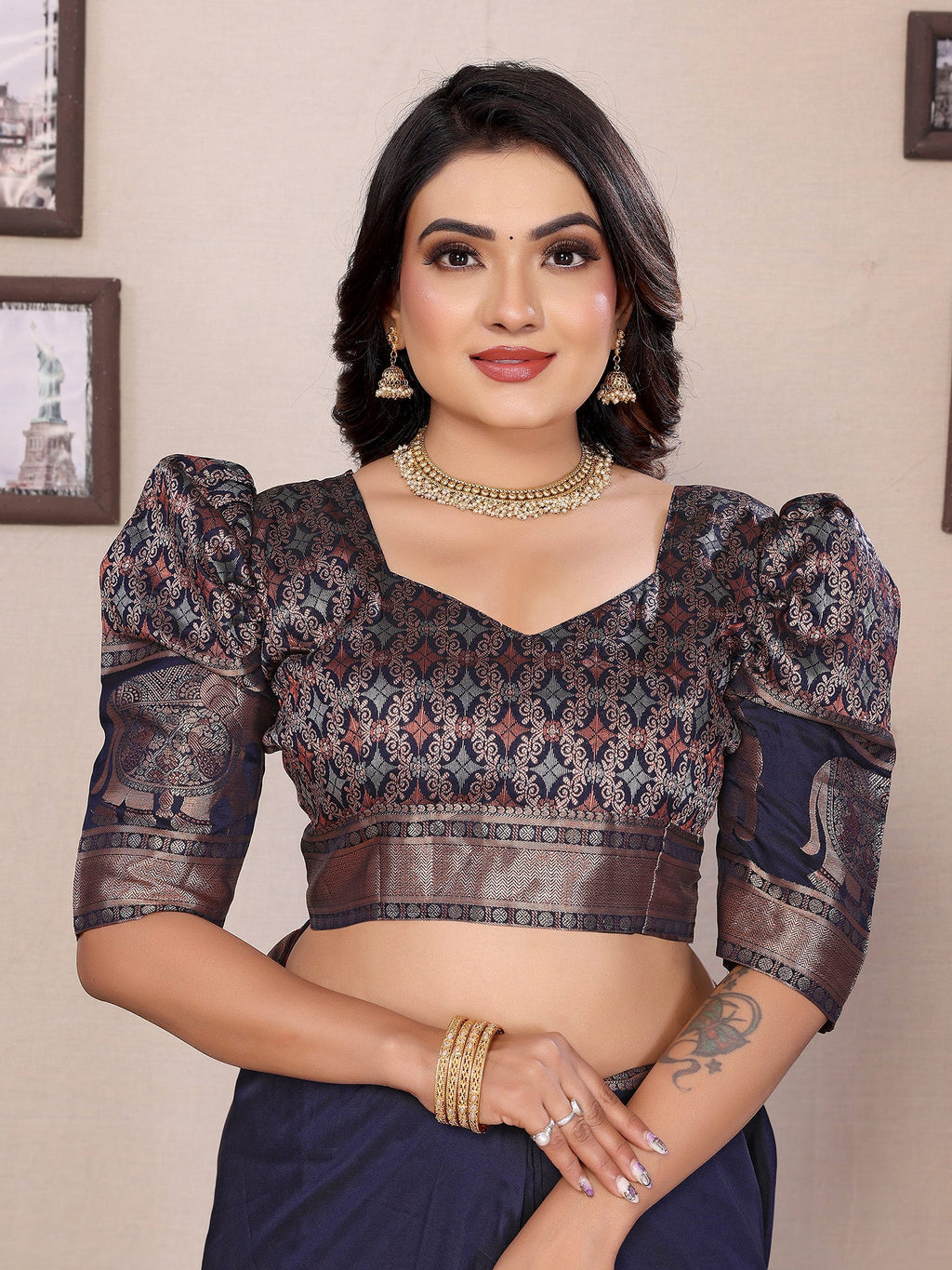 Elora Dark Blue Soft Silk Solid Self Jacquard Weaving Banarasi Saree | Grocsy