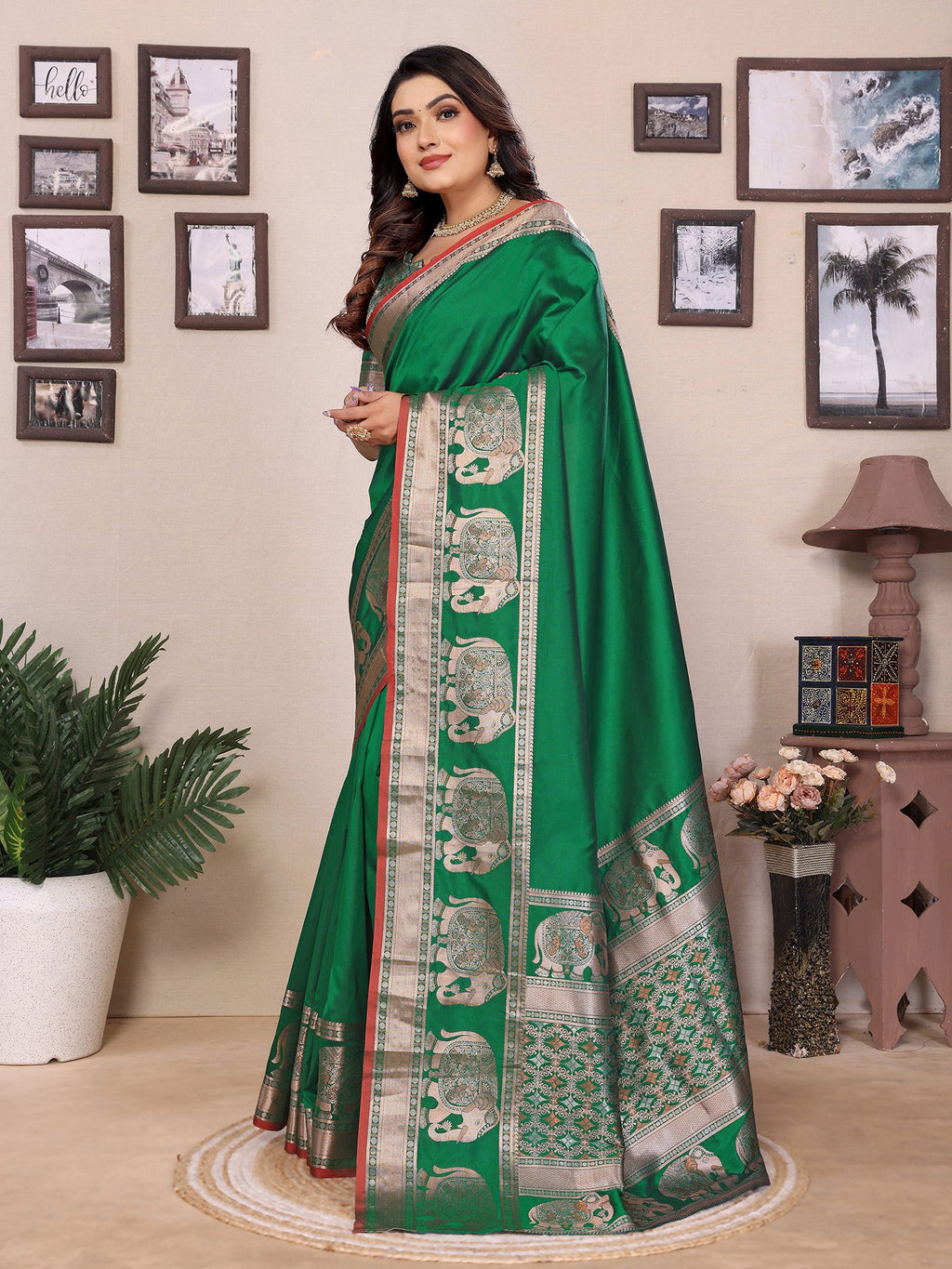 Elora Green Soft Silk Solid Self Jacquard Weaving Banarasi Saree | Grocsy