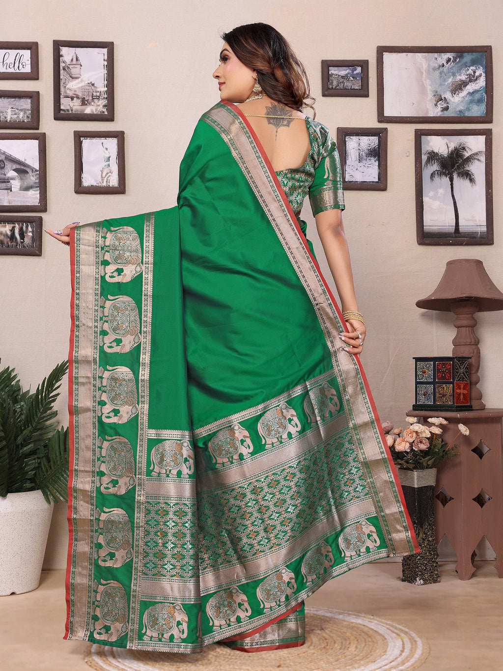 Elora Green Soft Silk Solid Self Jacquard Weaving Banarasi Saree | Grocsy
