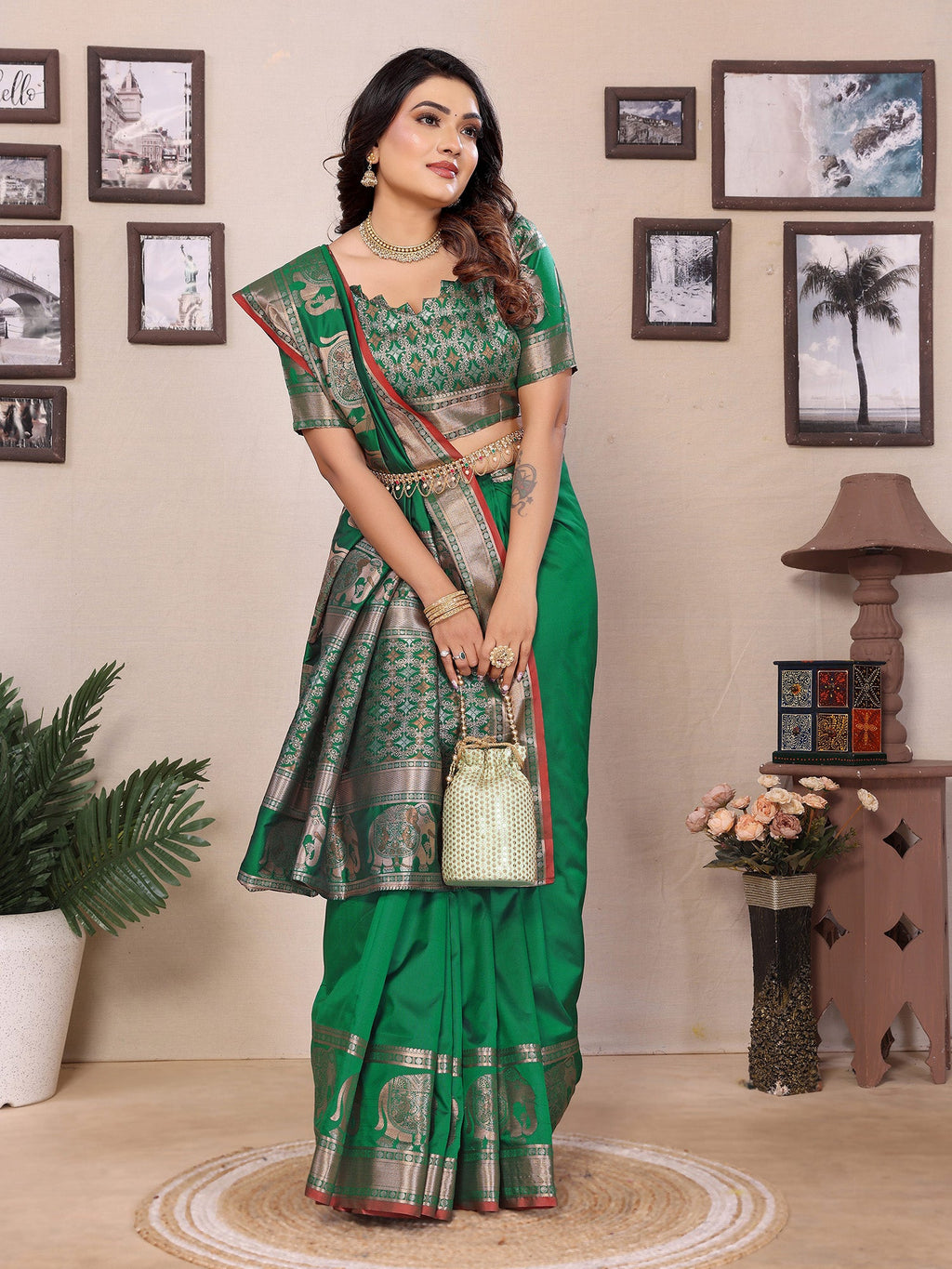 Elora Green Soft Silk Solid Self Jacquard Weaving Banarasi Saree | Grocsy