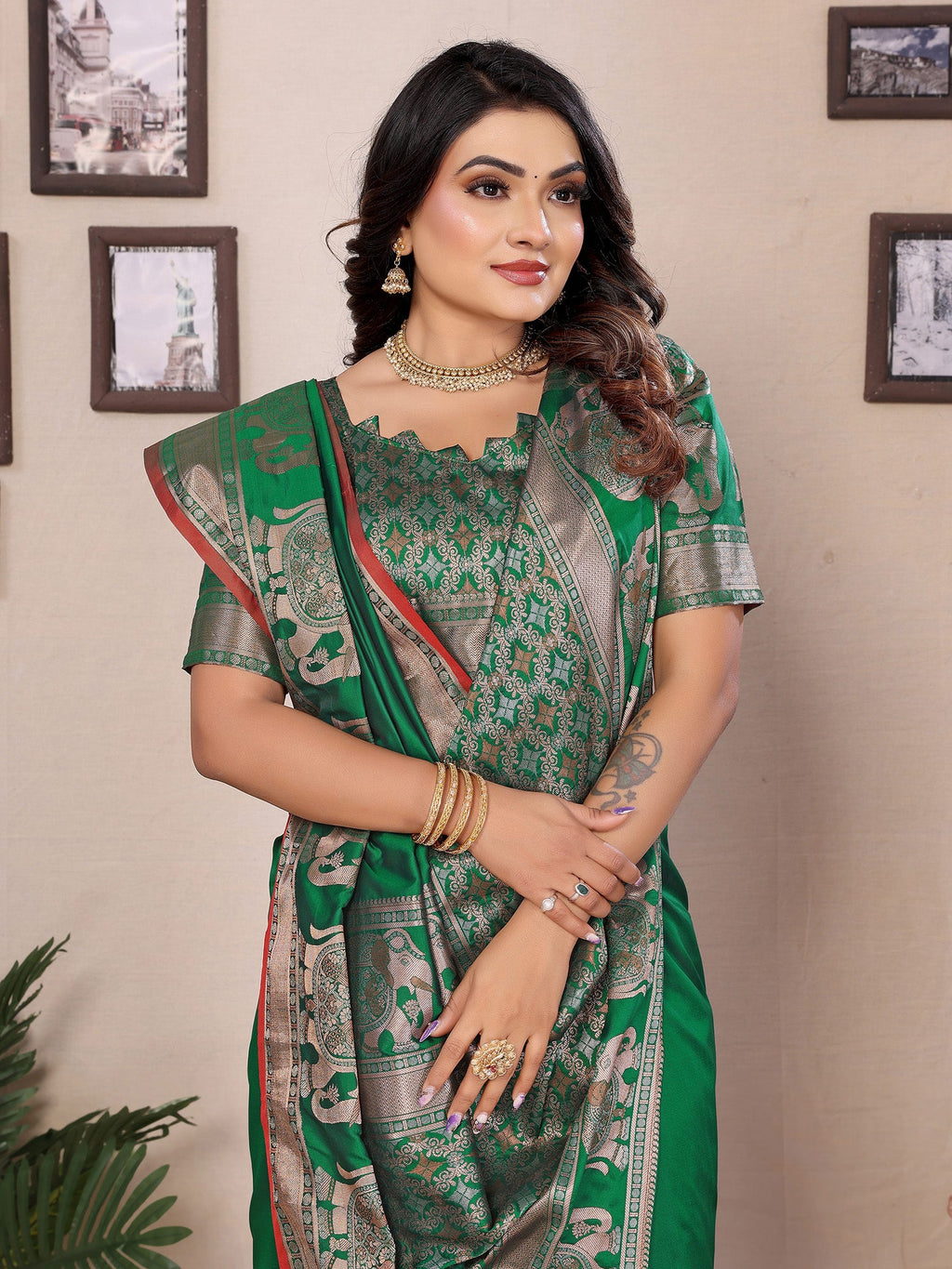 Elora Green Soft Silk Solid Self Jacquard Weaving Banarasi Saree | Grocsy