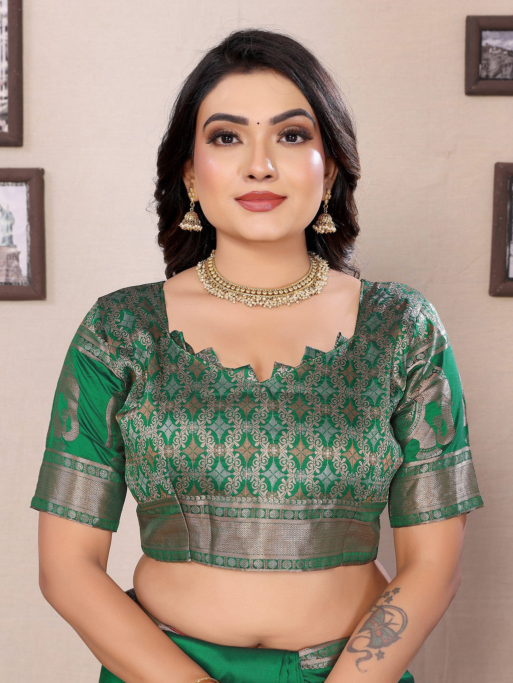 Elora Green Soft Silk Solid Self Jacquard Weaving Banarasi Saree | Grocsy