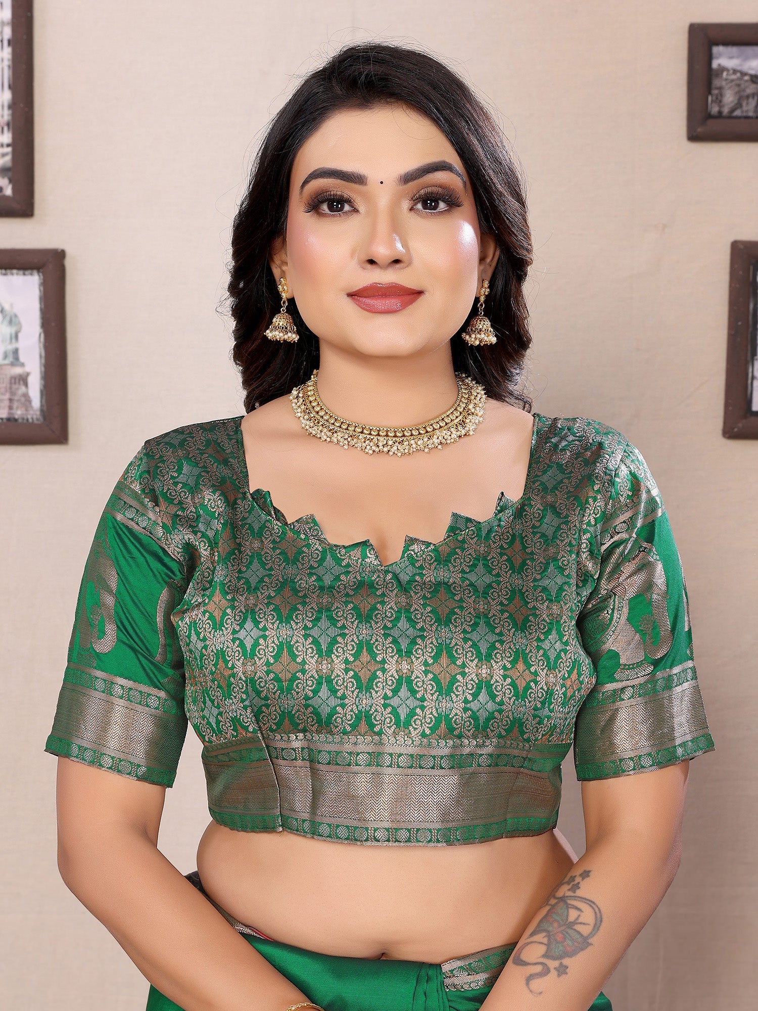 Elora Green Soft Silk Solid Self Jacquard Weaving Banarasi Saree | Grocsy
