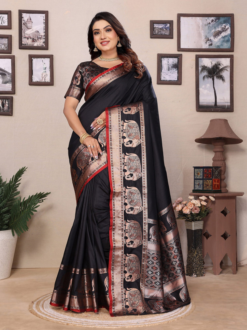 Elora Black Soft Silk Solid Self Jacquard Weaving Banarasi Saree | Grocsy