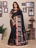 Elora Black Soft Silk Solid Self Jacquard Weaving Banarasi Saree | Grocsy