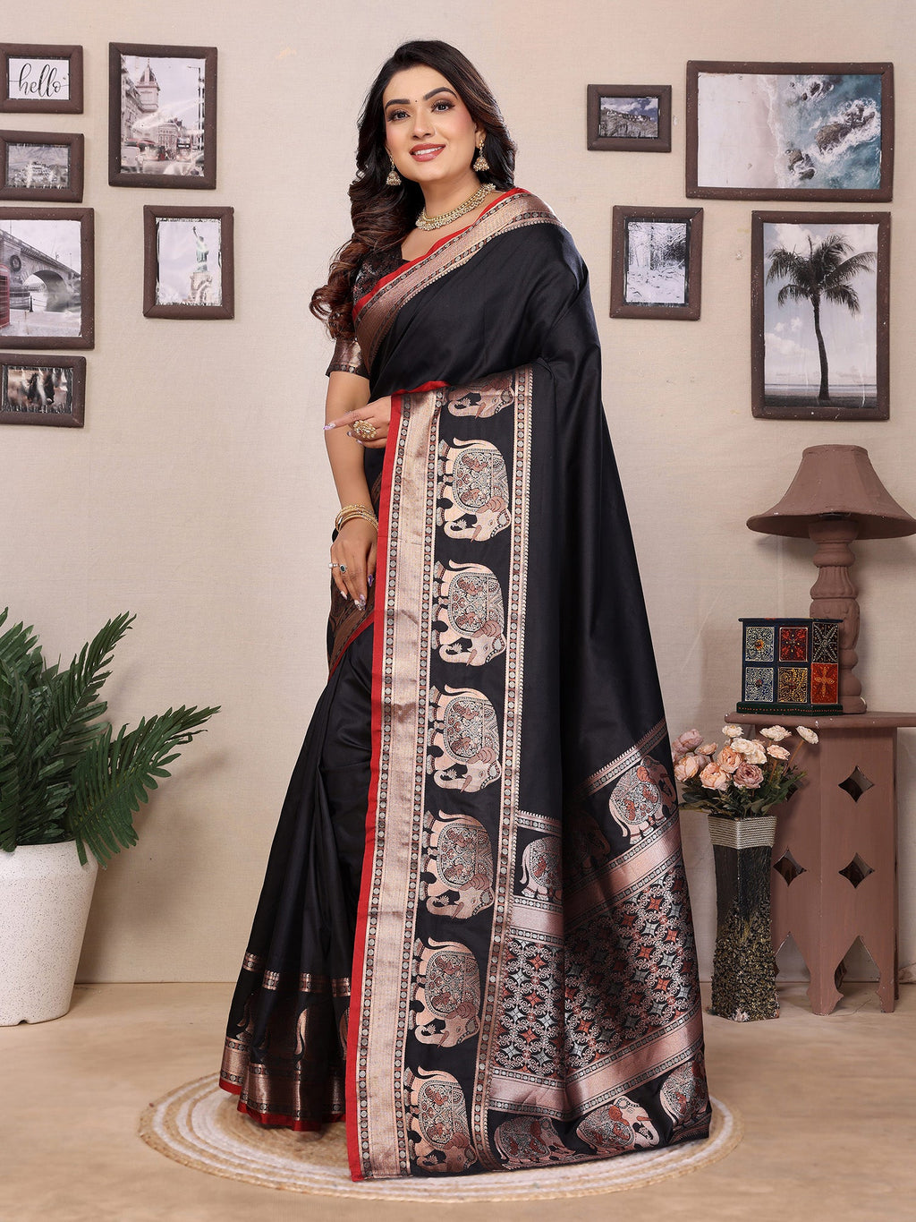 Elora Black Soft Silk Solid Self Jacquard Weaving Banarasi Saree | Grocsy
