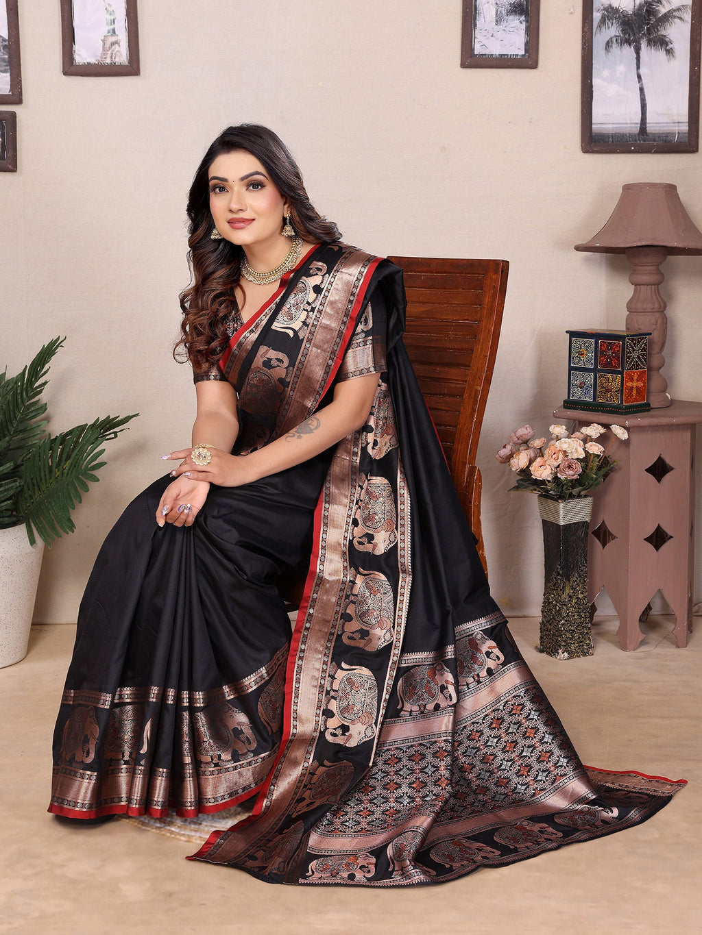 Elora Black Soft Silk Solid Self Jacquard Weaving Banarasi Saree | Grocsy