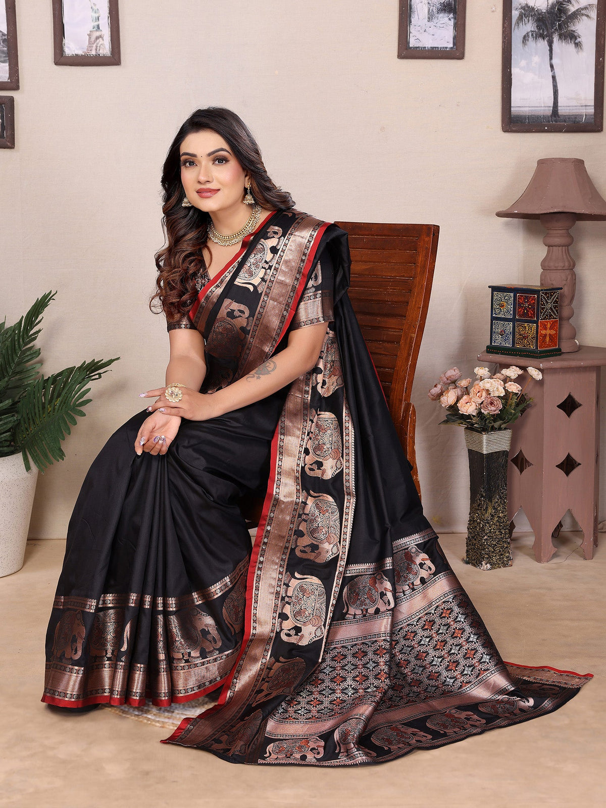 Elora Black Soft Silk Solid Self Jacquard Weaving Banarasi Saree | Grocsy