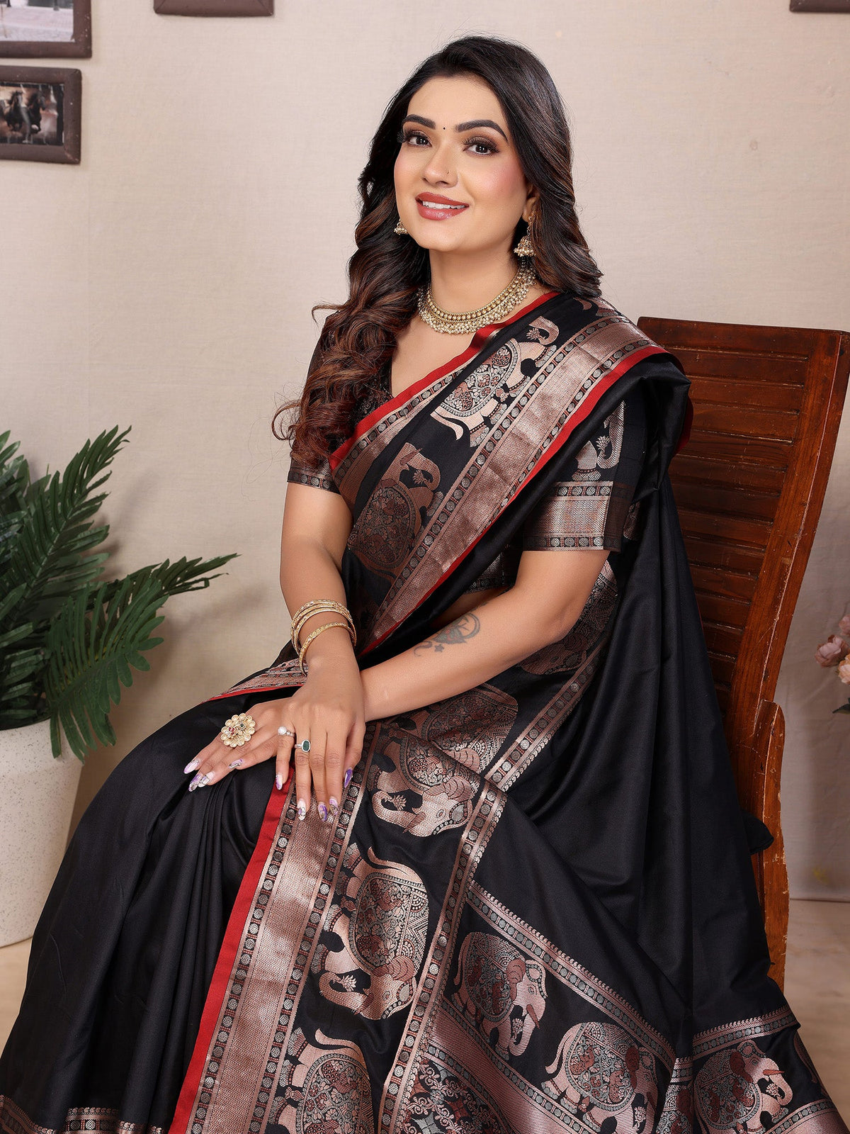 Elora Black Soft Silk Solid Self Jacquard Weaving Banarasi Saree | Grocsy