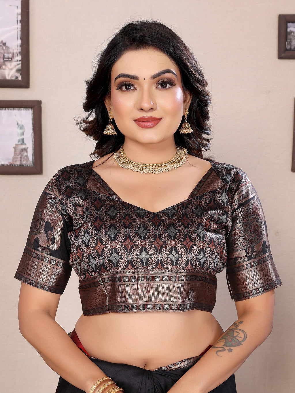 Elora Black Soft Silk Solid Self Jacquard Weaving Banarasi Saree | Grocsy