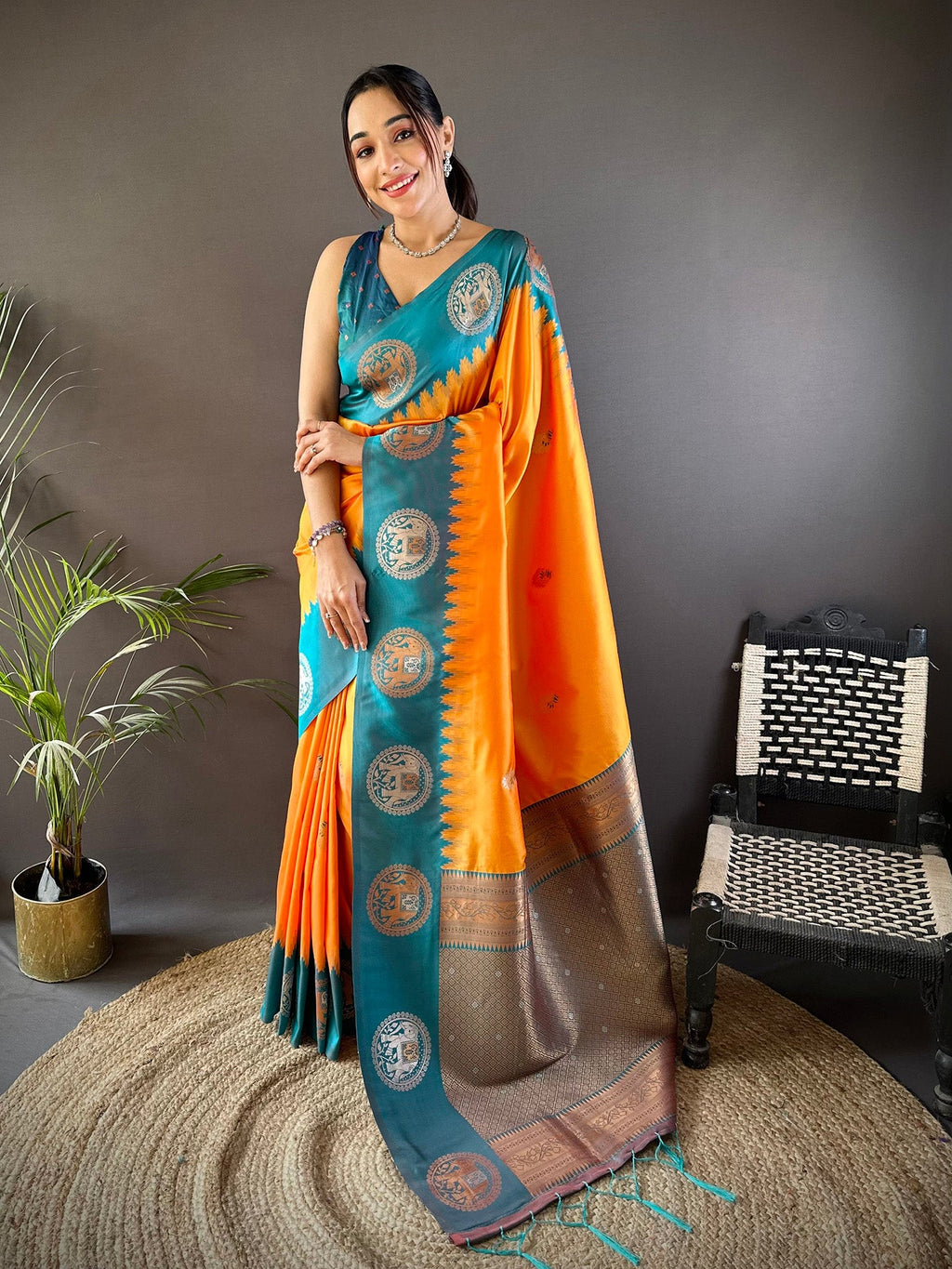 Elora Orange Soft Silk Butti Zari Weaving Work Banarasi Saree | Grocsy