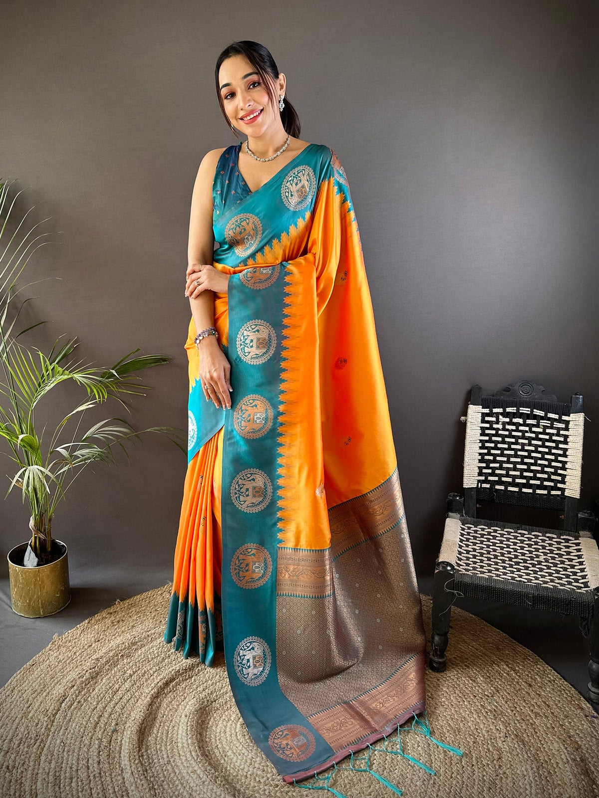 Elora Orange Soft Silk Butti Zari Weaving Work Banarasi Saree | Grocsy