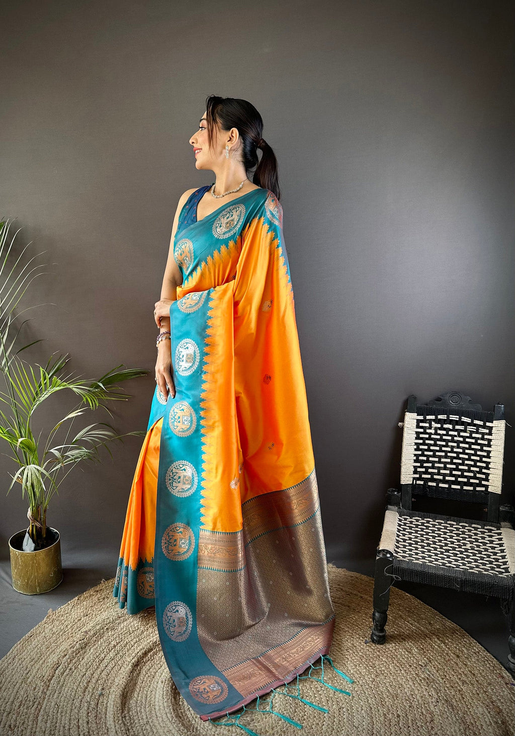 Elora Orange Soft Silk Butti Zari Weaving Work Banarasi Saree | Grocsy