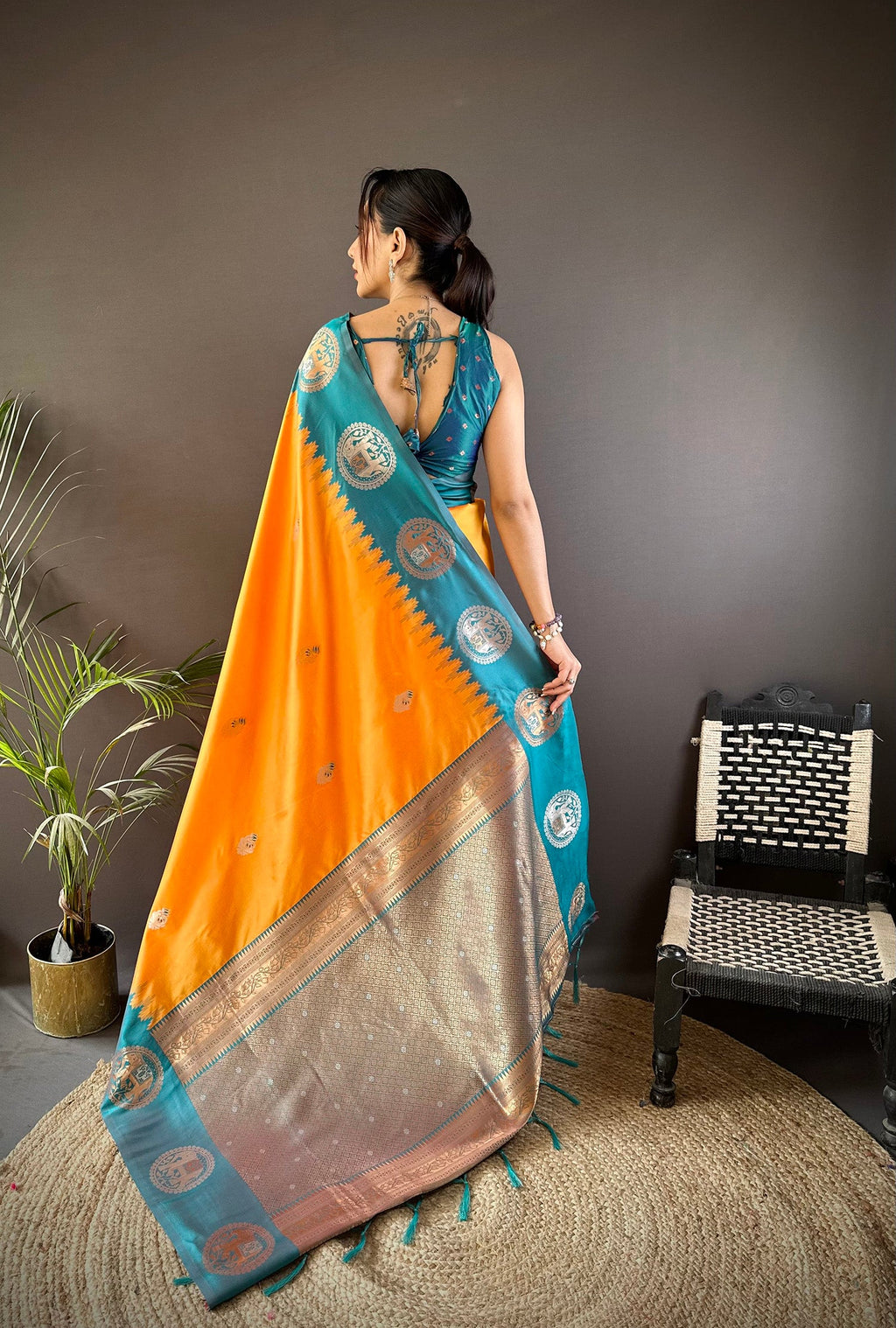 Elora Orange Soft Silk Butti Zari Weaving Work Banarasi Saree | Grocsy