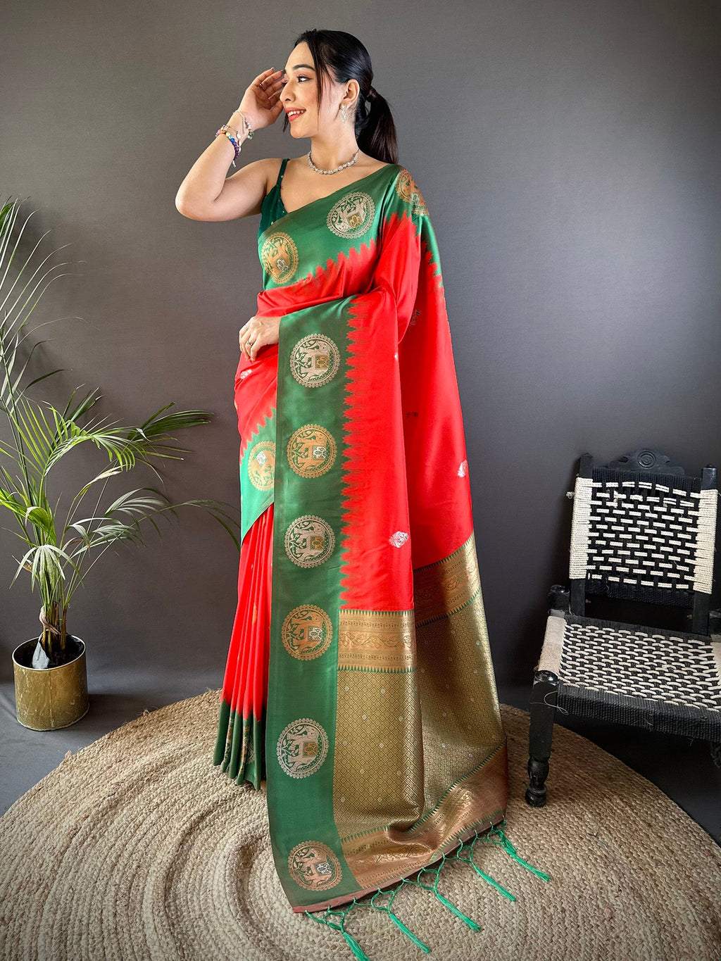 Elora Red Soft Silk Butti Zari Weaving Work Banarasi Saree | Grocsy