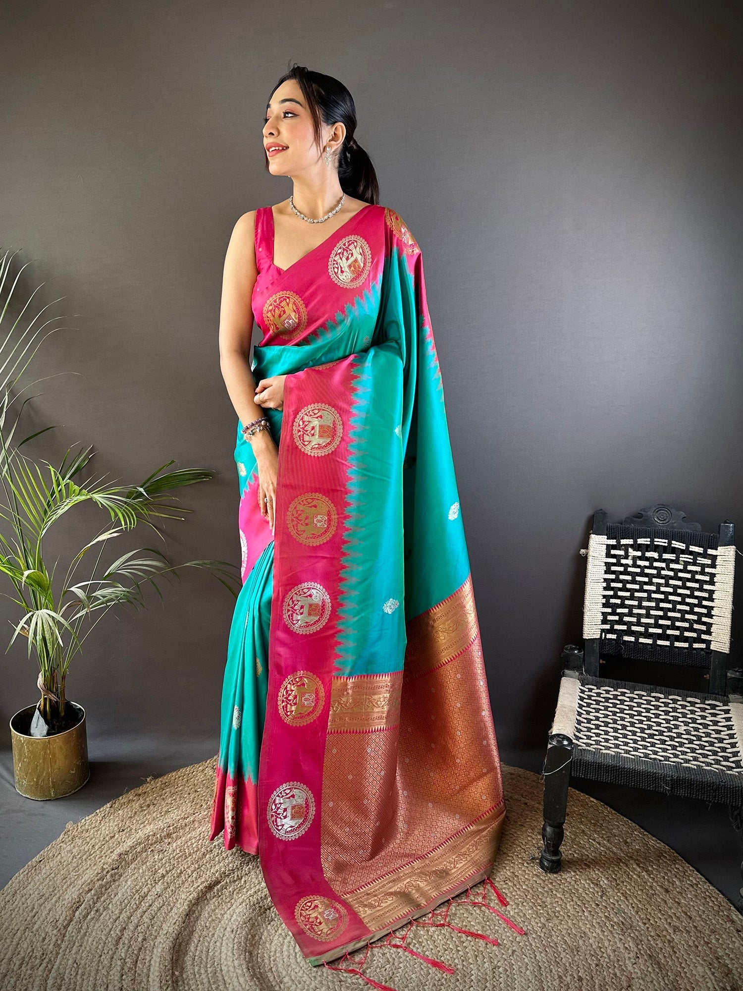 Elora Teal Soft Silk Butti Zari Weaving Work Banarasi Saree | Grocsy