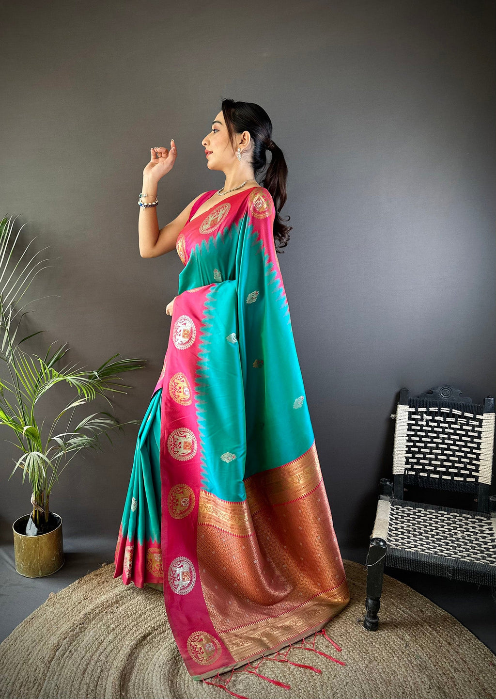 Elora Teal Soft Silk Butti Zari Weaving Work Banarasi Saree | Grocsy