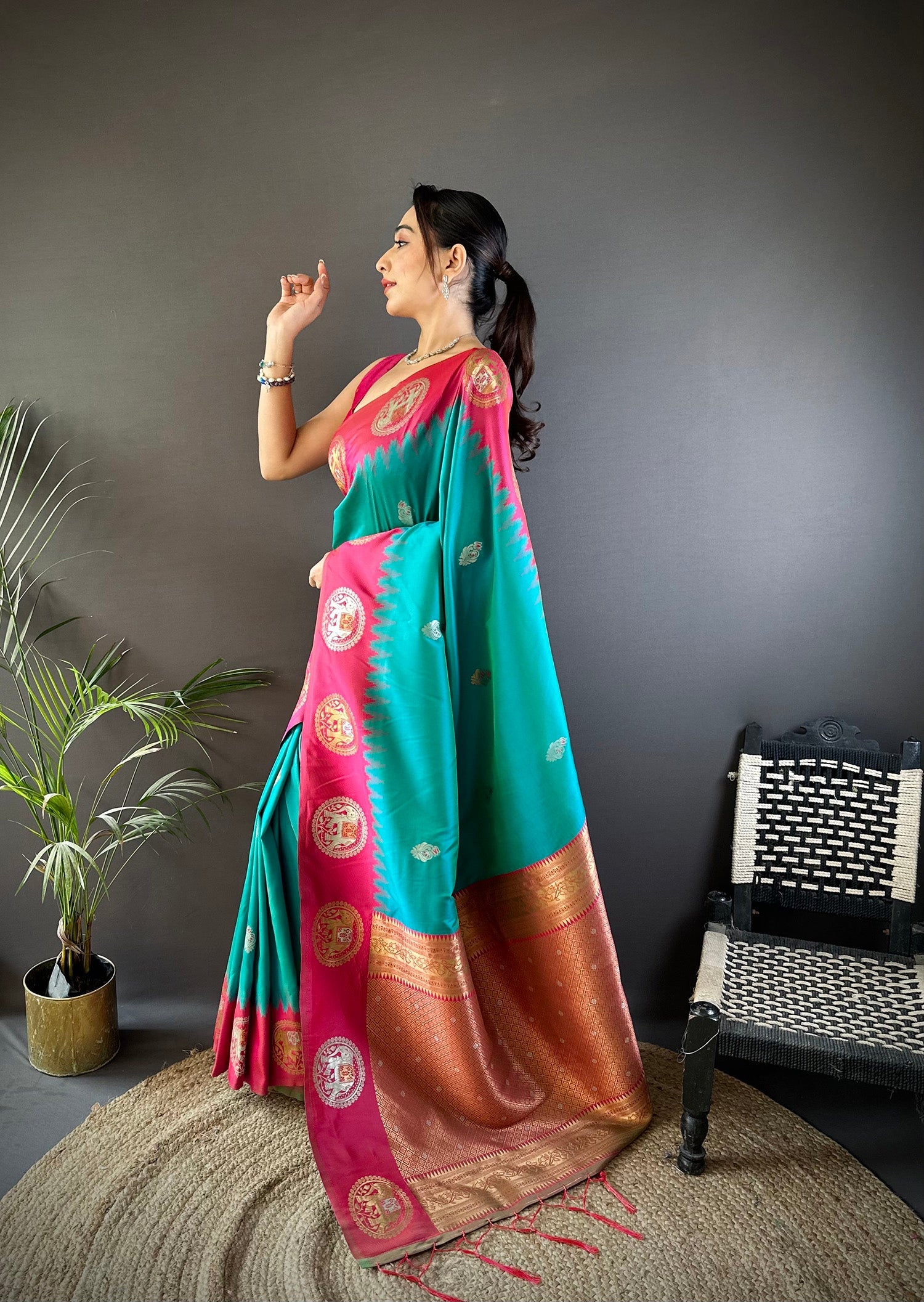 Elora Teal Soft Silk Butti Zari Weaving Work Banarasi Saree | Grocsy