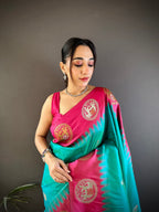 Elora Teal Soft Silk Butti Zari Weaving Work Banarasi Saree | Grocsy