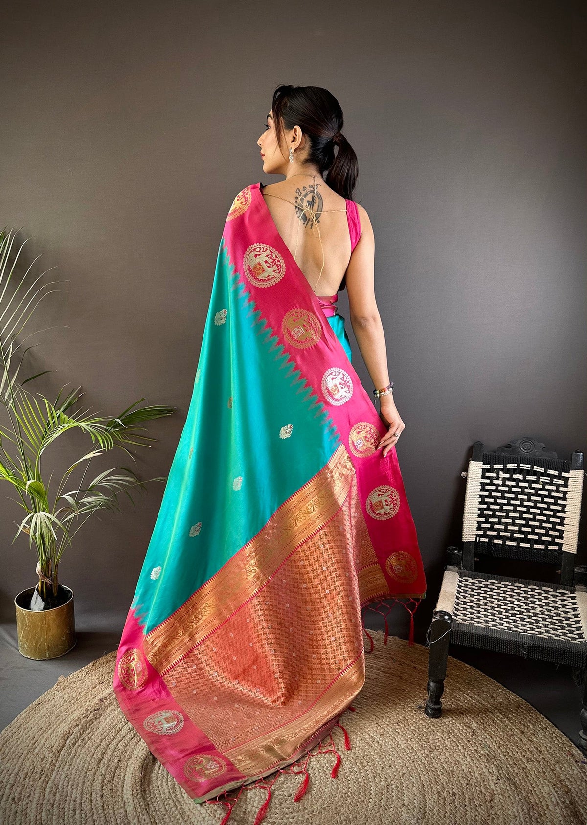 Elora Teal Soft Silk Butti Zari Weaving Work Banarasi Saree | Grocsy