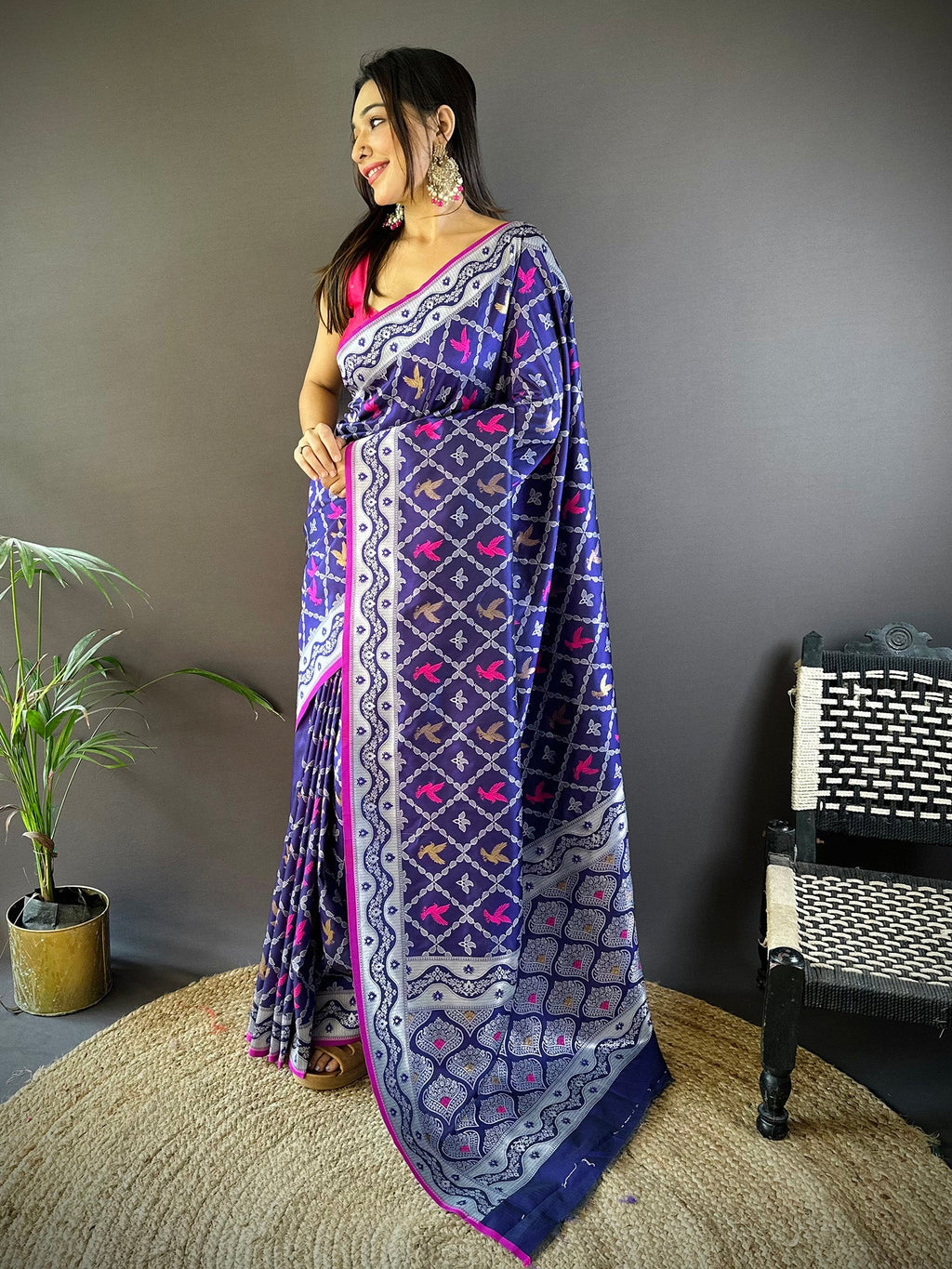Elora Blue Lichi Soft Silk Jacquard Silver Gold Zari Weaving Banarasi Saree | Grocsy