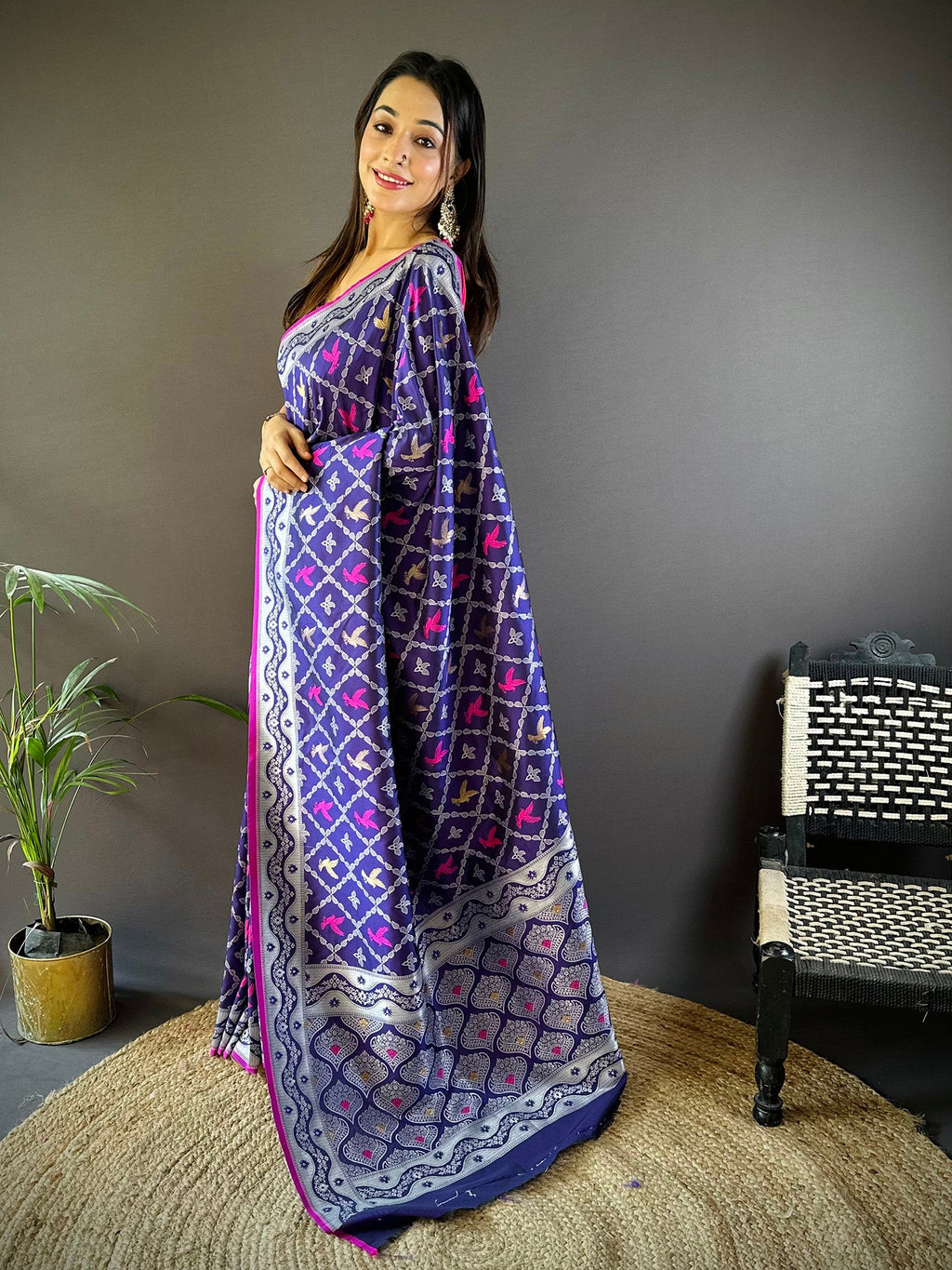 Elora Blue Lichi Soft Silk Jacquard Silver Gold Zari Weaving Banarasi Saree | Grocsy