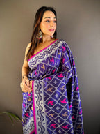 Elora Blue Lichi Soft Silk Jacquard Silver Gold Zari Weaving Banarasi Saree | Grocsy