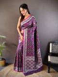 Elora Purple Lichi Soft Silk Jacquard Silver Gold Zari Weaving Banarasi Saree | Grocsy