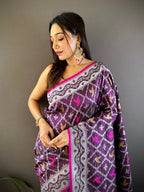 Elora Purple Lichi Soft Silk Jacquard Silver Gold Zari Weaving Banarasi Saree | Grocsy