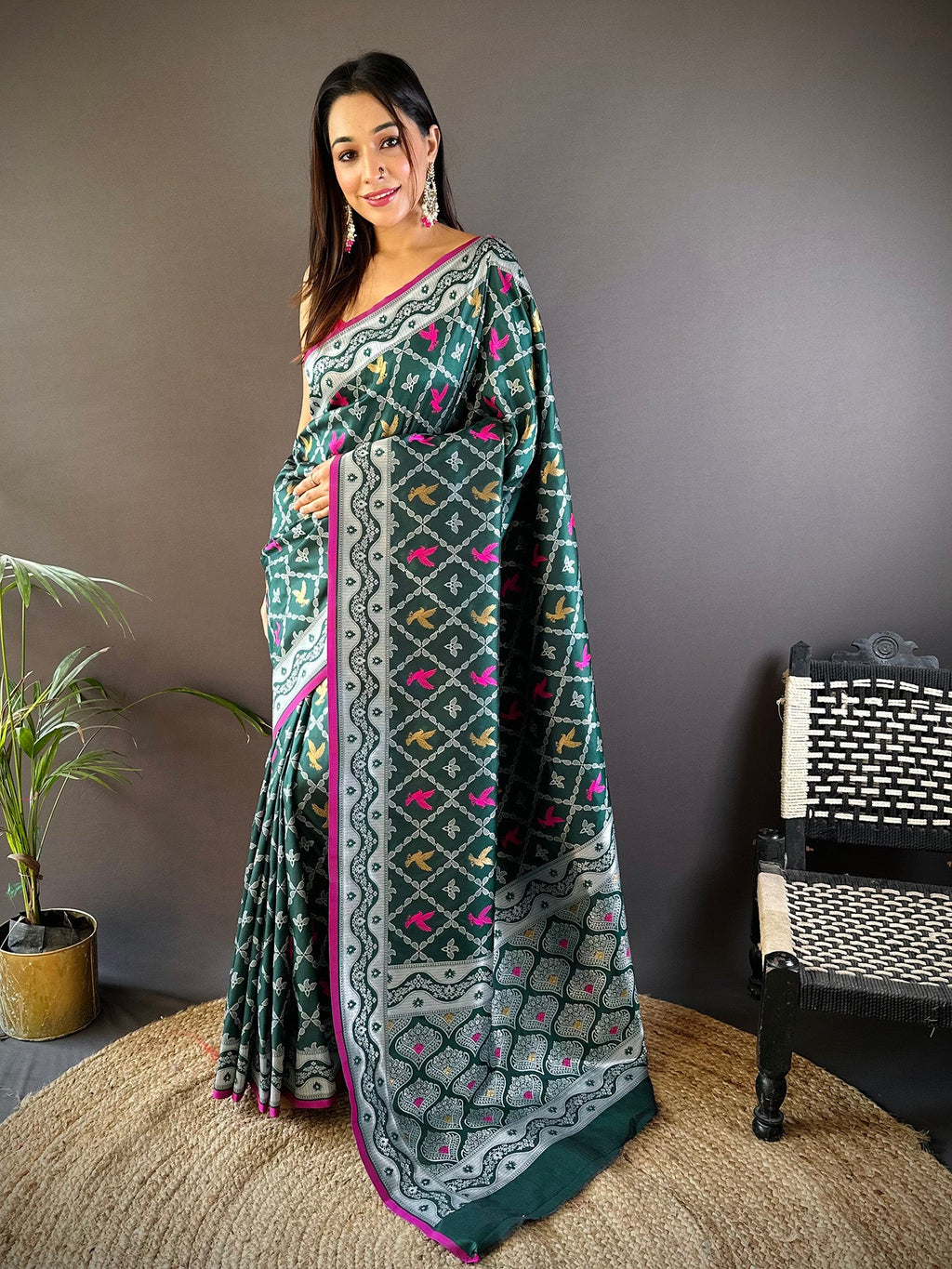 Elora Dark Green Lichi Soft Silk Jacquard Silver Gold Zari Weaving Banarasi Saree | Grocsy