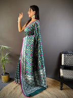 Elora Dark Green Lichi Soft Silk Jacquard Silver Gold Zari Weaving Banarasi Saree | Grocsy