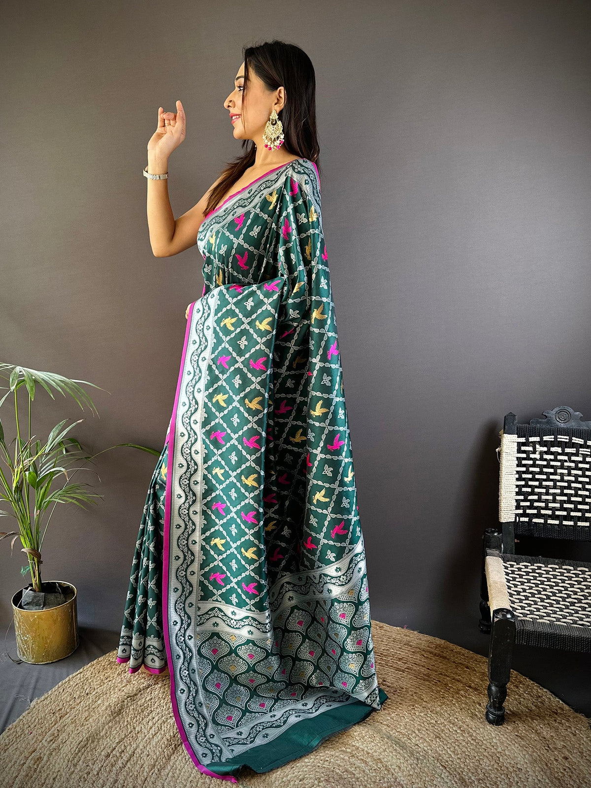 Elora Dark Green Lichi Soft Silk Jacquard Silver Gold Zari Weaving Banarasi Saree | Grocsy
