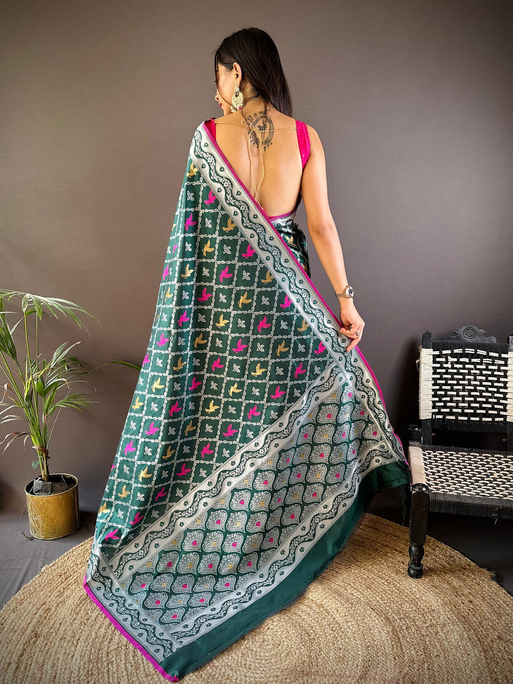 Elora Dark Green Lichi Soft Silk Jacquard Silver Gold Zari Weaving Banarasi Saree | Grocsy