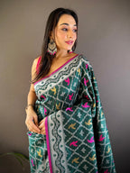 Elora Dark Green Lichi Soft Silk Jacquard Silver Gold Zari Weaving Banarasi Saree | Grocsy