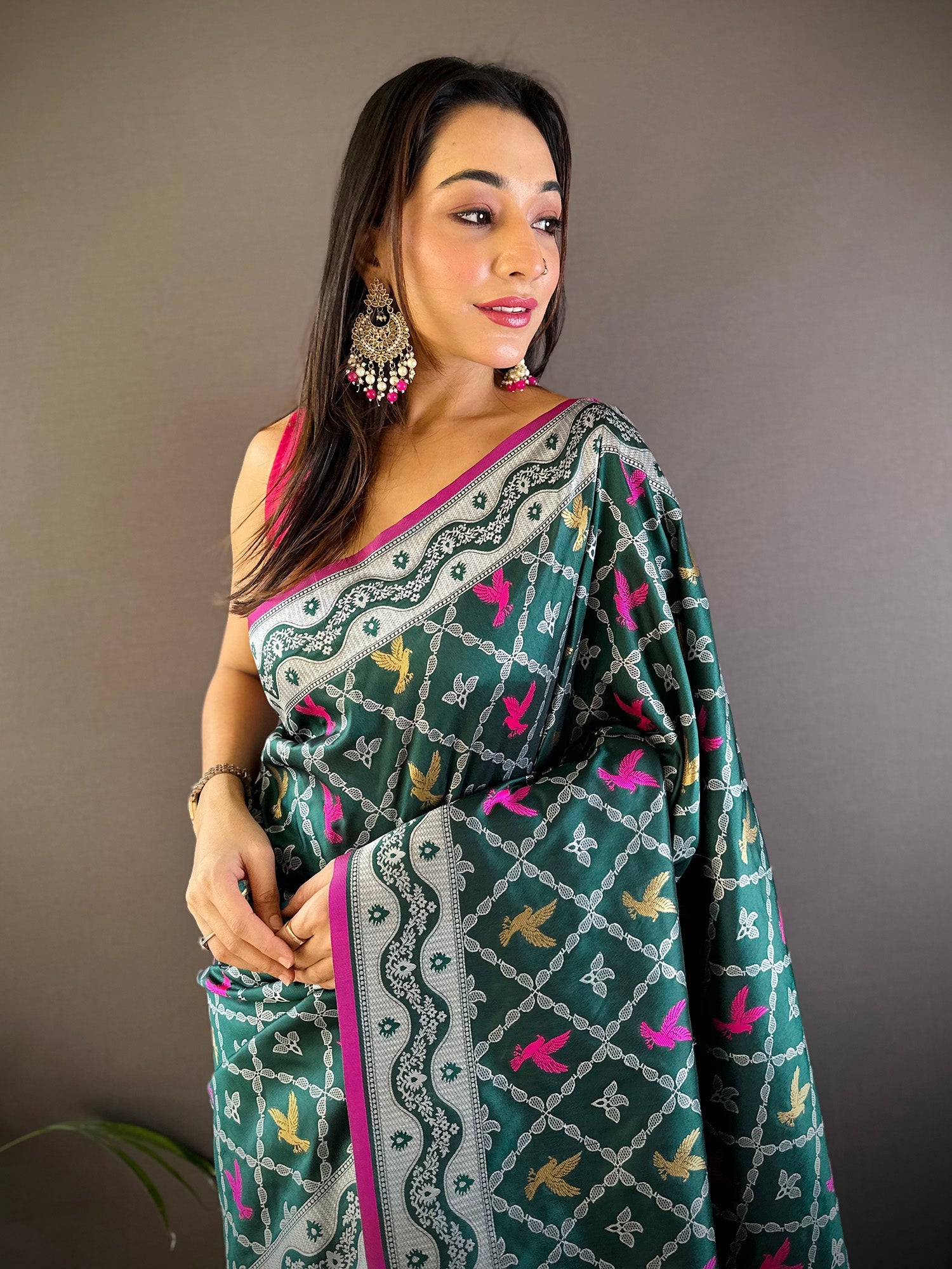 Elora Dark Green Lichi Soft Silk Jacquard Silver Gold Zari Weaving Banarasi Saree | Grocsy