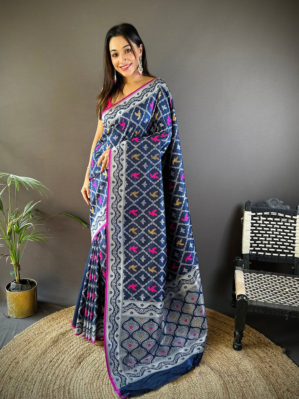 Elora Royal Blue Lichi Soft Silk Jacquard Silver Gold Zari Weaving Banarasi Saree | Grocsy