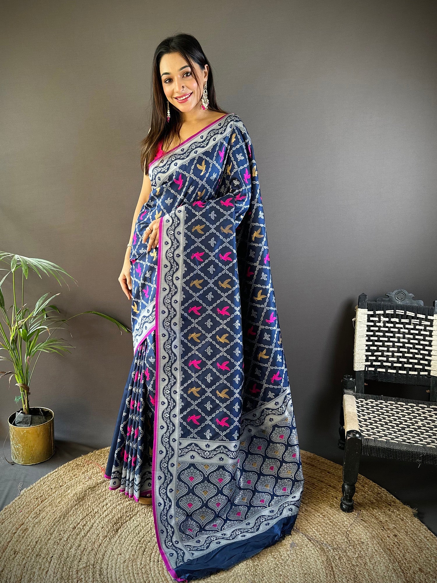 Elora Royal Blue Lichi Soft Silk Jacquard Silver Gold Zari Weaving Banarasi Saree | Grocsy