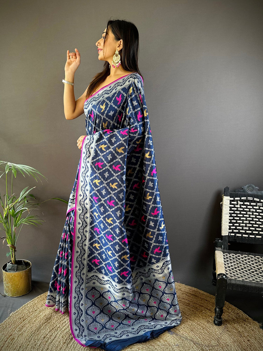 Elora Royal Blue Lichi Soft Silk Jacquard Silver Gold Zari Weaving Banarasi Saree | Grocsy