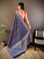 Elora Royal Blue Lichi Soft Silk Jacquard Silver Gold Zari Weaving Banarasi Saree | Grocsy