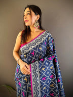 Elora Royal Blue Lichi Soft Silk Jacquard Silver Gold Zari Weaving Banarasi Saree | Grocsy